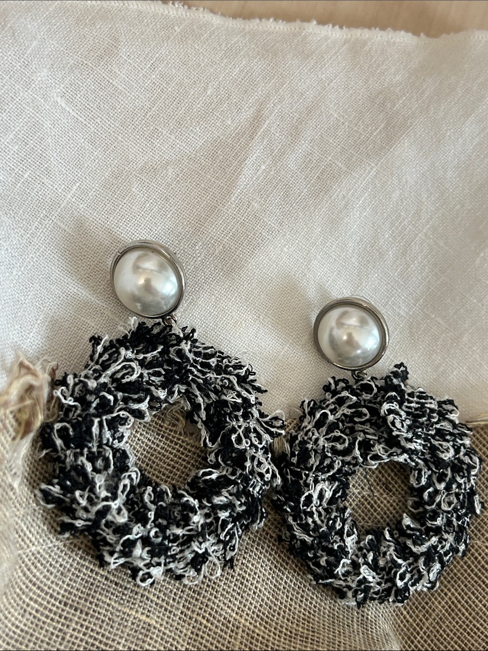 Pearl Top Black & White Textured Hoop Earrings